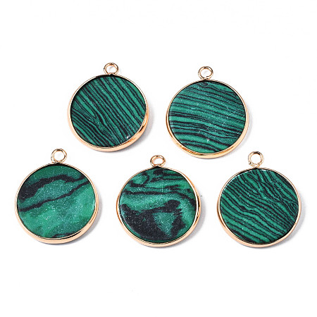 Honeyhandy Natural Malachite Pendants, with Golden Plated Brass Edge and Loop, Flat Round, 25x21x3.5mm, Hole: 2mm