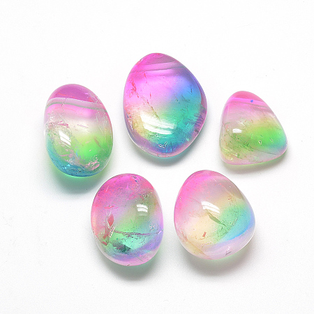 NBEADS Electroplate Natural Quartz Crystal Pendants, Nuggets, Colorful, 28~43x14~29x10~21mm, Hole: 2mm