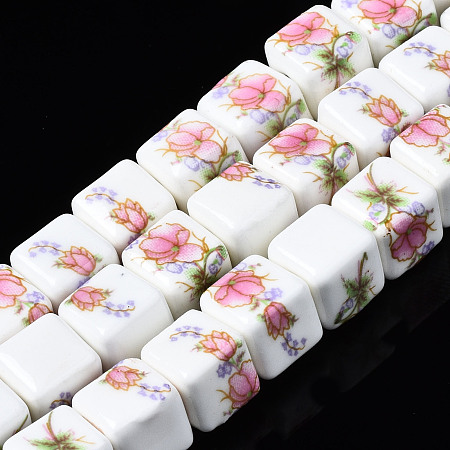 Arricraft Handmade Porcelain Ceramic Beads Strands, Flower Printed, Cube, Hot Pink, 9x9x9mm, Hole: 2.5mm, about 36pcs/strand, 12.4 inches(31.5cm)