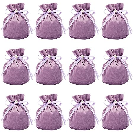 NBEADS 12 Pcs Velvet Bags, Drawstring Pouches Jewelry Storage Bags with Plastic Imitation Pearl for Christmas Wedding Birthday Party Favors, Medium Purple, 13.2x14cm