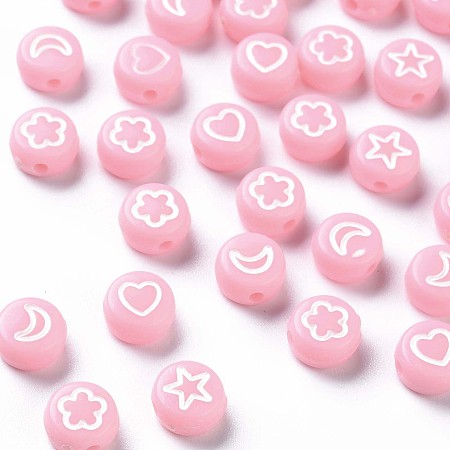 Honeyhandy Opaque Acrylic Beads, Flat Round with White Heart & Flower & Moon & Star, Pink, 7x4mm, Hole: 1.6mm