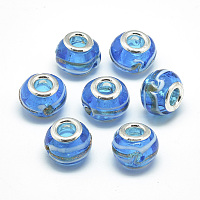 Handmade Lampwork European Beads, with Platinum Brass Double Cores, Large Hole Beads, Rondelle, Dodger Blue, 13~15x10mm, Hole: 5mm