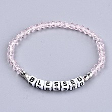 Honeyhandy Faceted Bicone Glass Beads Stretch Bracelets, Inspirational Bracelets, with Cube Acrylic Letter Beads, Word Blessed, Pink, Inner Diameter: 2-1/8 inch(5.3cm)