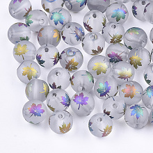 Honeyhandy Autumn Theme Electroplate Transparent Glass Beads, Frosted, Round with Maple Leaf Pattern, Colorful, 8~8.5mm, Hole: 1.5mm