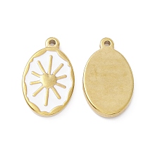 Honeyhandy Enamel Pendants, with Golden Plated 304 Stainless Steel Findings, Oval with Sun, White, 23.5x14x2.5mm, Hole: 1.6mm