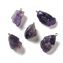 Honeyhandy Raw Rough Natural Amethyst Pendants, Nuggets Charms, with Platinum Plated Iron Loops, 21~34.5x15~25.5x10~17mm, Hole: 2mm