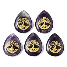 Honeyhandy Natural Amethyst Pendants, Teardrop with Tree of Life Pattern, 32~33.5x25~26x6.5~7.5mm, Hole: 2mm, 6pcs/bag