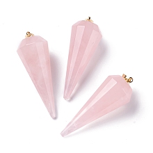 Honeyhandy Natural Rose Quartz Pendants, with Brass Findings, Faceted, Cone/Spike/Pendulum, Real 18K Gold Plated, 42~44x15~16mm, Hole: 3.6x4mm