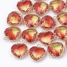 Honeyhandy K9 Glass Pendants, Imitation Tourmaline, with Golden Tone Brass Findings, Faceted, Heart, Red, 20x16.5x8mm, Hole: 2mm