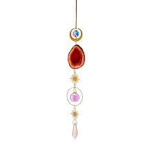 Honeyhandy Nuggets Natural Agate Slice Pendant Decorations, Hanging Suncatchers, with Iron Findings, Glass Charms, for Home Decoration, Moon & Sun & Bullet, FireBrick, 43~45cm