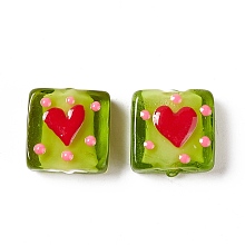 Honeyhandy Handmade Lampwork Beads, Square with Heart Pattern, Yellow Green, 16x15x6mm, Hole: 1.8mm