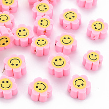 Honeyhandy Handmade Polymer Clay Beads, Flower with Smiling Face, Pearl Pink, 9~10x8~9x4~5mm, Hole: 1.4~1.6mm