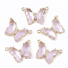 Honeyhandy Glass Pendants, with  Micro Pave Cubic Zirconia and Brass Open Back Settings, Faceted, Butterfly, Golden, Pearl Pink, 16.5x23.5x5.5mm, Hole: 1.2mm