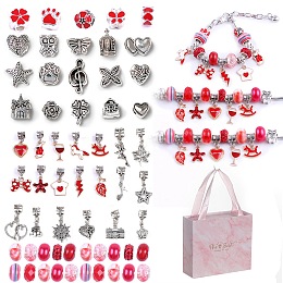 Honeyhandy DIY Alloy European Bracelets Making Kits, including Alloy and Resin European Beads, Alloy Enamel Dangle European Charms, Paper Box, Red