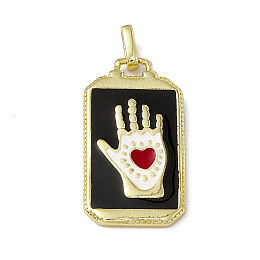 Honeyhandy Alloy Enamel Pendants, Rectangle, Tarot Pattern Charm, Golden, Black, Hand Heart, 26x14x2mm, Hole: 2x3mm