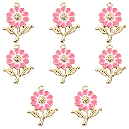 Honeyhandy 8Pcs Alloy Enamel Pendants, Golden, Sunflower, Hot Pink, 27x19x3.5mm, Hole: 1.8mm