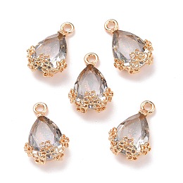 Honeyhandy Rhinestone Pendants, with Light Gold Alloy Settings, Teardrop with Flower, Crystal, 20x12.5x6mm, Hole: 1.8mm