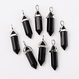 Honeyhandy Bullet Imitation Jade Glass Pointed Pendants, with Alloy Findings, Black, 39x12mm, Hole: 3x4mm