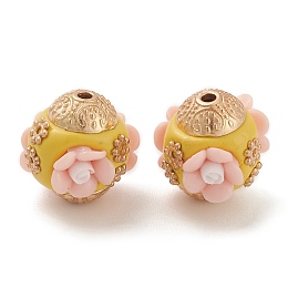 Honeyhandy Handmade Indonesia Beads, with Alloy Findings and Resin, Rondelle with Flower, Pink, 16x16.5x16mm, Hole: 1.8mm