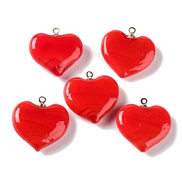 Honeyhandy Handmade Lampwork Pendants, with Rack Plating Golden Tone Brass Findings, Long-Lasting Plated, Heart Charm, Red, 18.5x17x6.5mm, Hole: 1.4mm