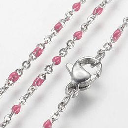 Honeyhandy 304 Stainless Steel Chain Necklaces, with Enamel, Platinum, Hot Pink, 17.91 inch(45.5cm), 2mm