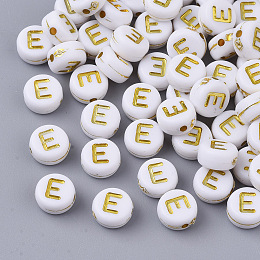 Honeyhandy Plating Acrylic Beads, Golden Metal Enlaced, Horizontal Hole, Flat Round with Alphabet, White, Letter.E, 7x3.5mm, Hole: 1.2mm, about 3600pcs/500g