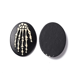 Honeyhandy Halloween Cameos Opaque Resin Cabochons, Oval, Black, Skeleton Hand Pattern, 37x27.5x5.5mm