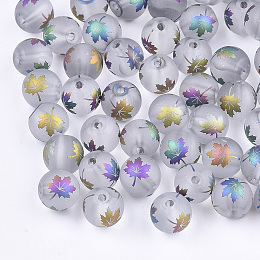 Electroplate Transparent Glass Beads, Frosted, Round with Maple Leaf Pattern, Colorful, 8~8.5mm, Hole: 1.5mm