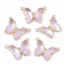 Honeyhandy Glass Pendants, with  Micro Pave Cubic Zirconia and Brass Open Back Settings, Faceted, Butterfly, Golden, Pearl Pink, 16.5x23.5x5.5mm, Hole: 1.2mm