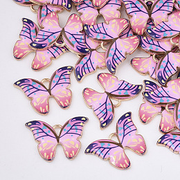 Honeyhandy Printed Alloy Pendants, with Enamel, Butterfly, Light Gold, Pearl Pink, 15.5x22x2mm, Hole: 1.8mm