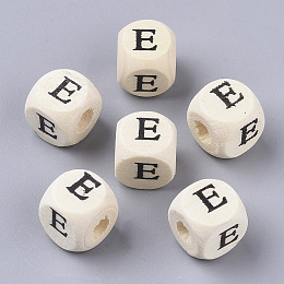 Honeyhandy Printed Natural Wood Beads, Horizontal Hole, Cube with Initial Letter, PapayaWhip, Letter.E, 10x10x10mm, Hole: 3.5mm