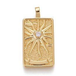 Honeyhandy Brass Micro Pave Clear Cubic Zirconia Pendants, Real 18K Gold Plated, Tarot Card Charms, The Sun, The Sun XIX, 30x15x4mm, Hole: 3~4mm