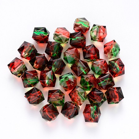 Arricraft Transparent Spray Painted Crackle Acrylic Beads, Two Tone, Polygon, Red, 7.5x8x8mm, Hole: 1.8mm; 100pcs/bag