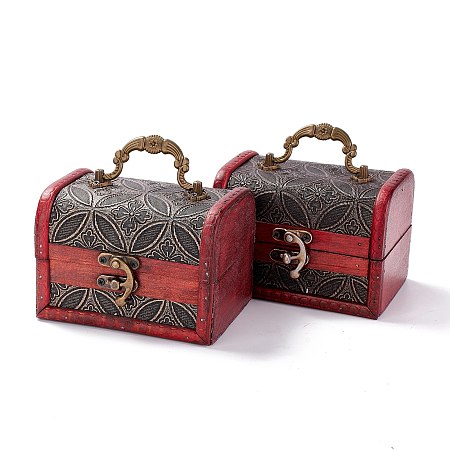 Honeyhandy Vintage Wooden Jewelry Box, Pu Leather Decorative Treasure Chest Boxes, with Carry Handle and Latch, Rectangle with Coin Pattern, Gray, 11.9x9.05x9cm