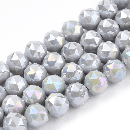 Electroplate Opaque Glass Beads Strands, AB Color Plated, Faceted, Round, Light Grey, 8x7.5mm, Hole: 1.5mm, about 71~72pcs/strand, 20.87''(53cm)