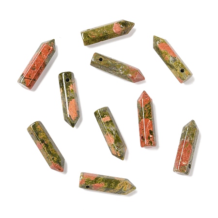 Honeyhandy Natural Unakite Pointed Pendants, Faceted, Bullet, 30~33x8~9mm, Hole: 1.4~1.6mm