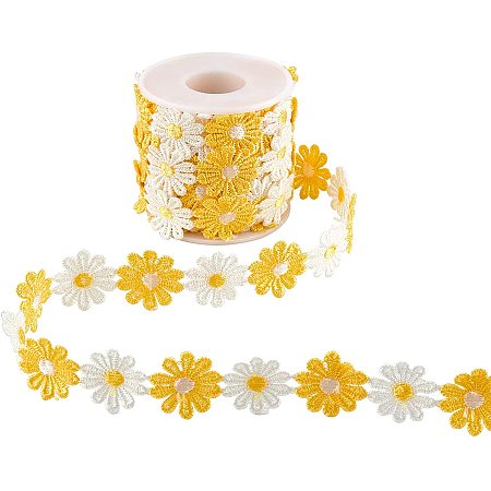 NBEADS 1 Roll 7.5 Yards Flower Lace Edging Trim Ribbon, 25mm Wide Polyester Daisy Ribbon Appliques Sewing Embroidery Crafts for Wedding Dress Hair Band Clothes Decoration, Yellow and White