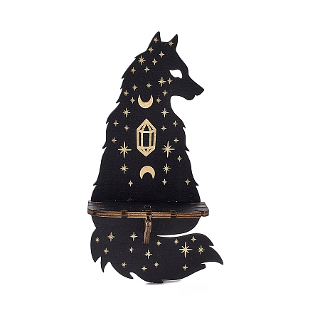 Honeyhandy Black Hanging Wooden Crystal Display Shelf, Rustic Divination Pendulum Storage Rack, Witch Stuff, Easy to Assemble, with Iron Hanging Hook, Wolf Pattern, 22.8x12.2x0.5cm