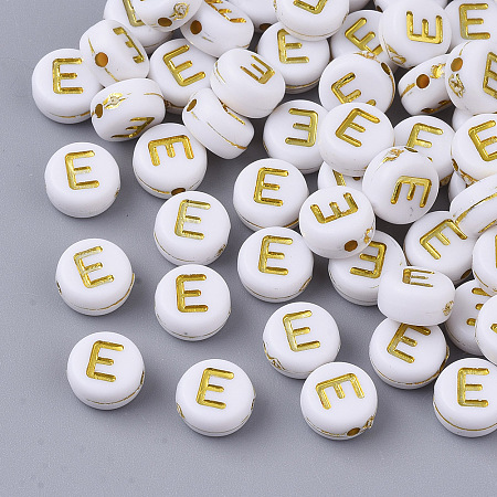Honeyhandy Plating Acrylic Beads, Golden Metal Enlaced, Horizontal Hole, Flat Round with Alphabet, White, Letter.E, 7x3.5mm, Hole: 1.2mm, about 360pcs/50g