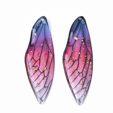 Honeyhandy Transparent Epoxy Resin Big Pendants, with Gold Foil, Insects Wing, Blue, 51x16.5x1~2.5mm, Hole: 1.2mm