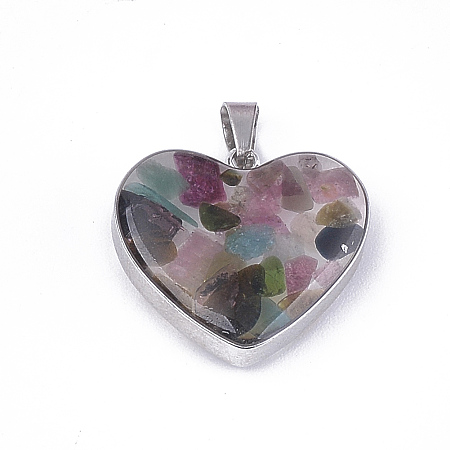 Honeyhandy Natural Tourmaline Pendants, with Glass and 304 Stainless Steel Findings, Heart, Stainless Steel Color, 19x21x6mm, Hole: 3x5.5mm