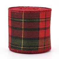 Honeyhandy Polyester Imitation Linen Ribbon, Linen Wired Edge Ribbon, Tartan Pattern, for DIY Crafts, Christmas, Wedding, Home Decoration, Red, 2-3/8 inch(60mm), 5m/roll(5.5 yards/roll)