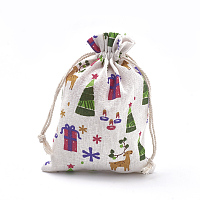 Polycotton(Polyester Cotton) Packing Pouches Drawstring Bags, with Printed Box and Christmas Tree, Colorful, 18x13cm