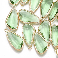 Glass Pendants, with Brass Findings, Faceted, teardrop, Golden, Light Green, 28.5x14x6mm, Hole: 1.5mm