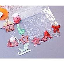 Honeyhandy DIY Christams Silicone Pendant Molds, Resin Casting Molds, Glove/Candy Cane/Bell, Mixed Shapes, 116x114x4.5mm, Hole: 1.7mm, Inner Diameter: 28~41x27~48mm