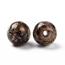 Handmade Gold Sand Lampwork Beads, Round, Coconut Brown, 14.5x13.5~14mm, Hole: 1.6~2mm