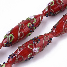 Honeyhandy Handmade Gold Sand Lampwork Beads Strands, Bumpy, Rice with Flower Pattern, Dark Red, 45~47.5x14.5~15.5mm, Hole: 1.5mm, about 10pcs/Strand, 17.72 inch