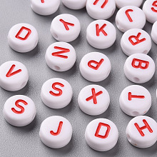 Honeyhandy Opaque White Acrylic Beads, with Enamel, Horizontal Hole, Flat Round with Random Initial Letter, Red, 9.5x4.5mm, Hole: 2mm, 1580pcs/500g