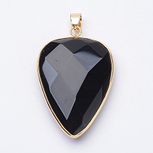 Honeyhandy Faceted Natural Black Agate Pendants, with Golden Tone Brass Findings, teardrop, 40x27x7~9mm, Hole: 4x5mm