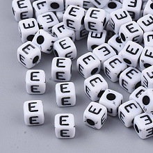 Honeyhandy White Opaque Acrylic Beads, Horizontal Hole, Cube with Black Alphabet, Letter.E, 4~5x4~5x4~5mm, Hole: 1.8mm, about 240pcs/20g